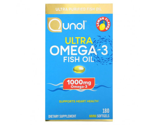 Рыбий жир и Омега 3, 6, 9 Qunol, Рыбий жир с омега-3 Ultra, лимон, 500 мг, 180 капсул Рыбий жир и Омега 3, 6, 9 Qunol, Рыбий жир с омега-3 Ultra, лимон, 500 мг, 180 капсул