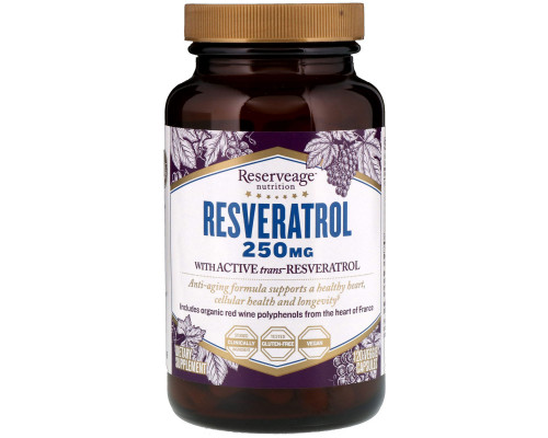 ReserveAge Nutrition, Ресвератрол, с активным транс-ресвератролом, 250 мг, 120 вегетарианских капсул ReserveAge Nutrition, Ресвератрол, с активным транс-ресвератролом, 250 мг, 120 вегетарианских капсул
