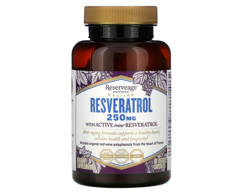 ReserveAge Nutrition, Ресвератрол, клеточная антивозрастная формула, 250 мг, 60 вегетарианских капсул ReserveAge Nutrition, Ресвератрол, клеточная антивозрастная формула, 250 мг, 60 вегетарианских капсул