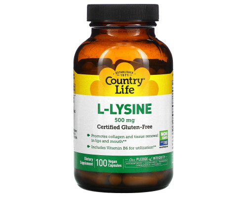 Country Life, L-Lysine, 500 mg, 100 Vegan Capsules Country Life, L-Lysine, 500 mg, 100 Vegan Capsules