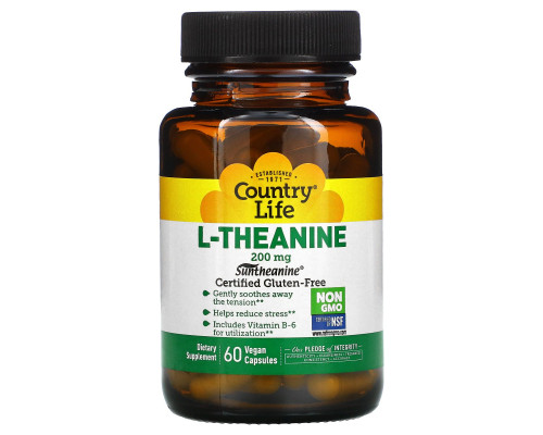 Country Life, L-теанин, 200 мг, 60 растительных капсул