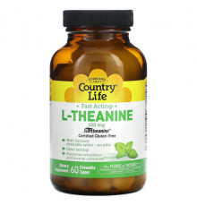 Аминокислоты Country Life, L-теанин, 100 мг, 60 жевательных таблеток