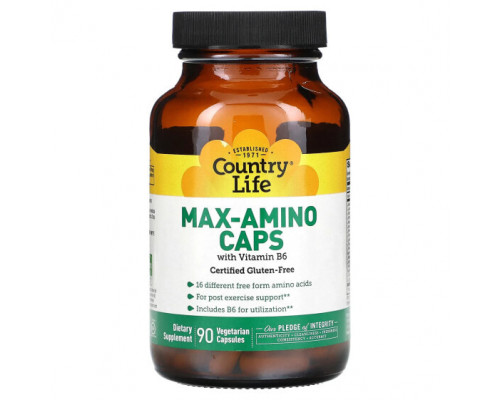 Аминокислоты Country Life, Max-Amino Caps, аминокислоты с витамином B6, 90 вегетарианских капсул Аминокислоты Country Life, Max-Amino Caps, аминокислоты с витамином B6, 90 вегетарианских капсул