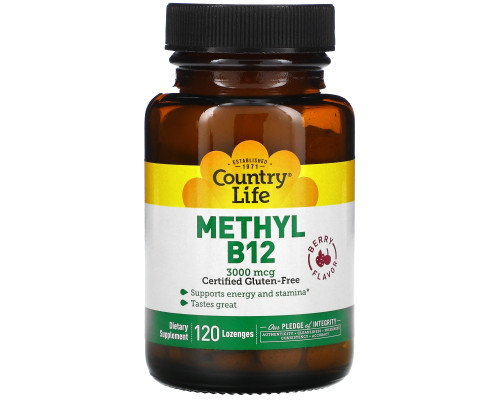 Country Life, Метил B12, Ягодный вкус, 3 000 мкг, 120 пастилок для рассасывания Country Life, Метил B12, Ягодный вкус, 3 000 мкг, 120 пастилок для рассасывания