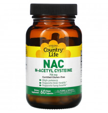 Country Life, NAC, N-ацетилцистеин, 750 мг, 60 вегетарианских капсул