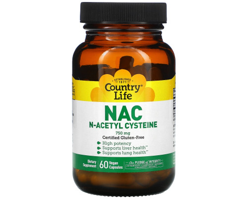 Country Life, NAC, N-ацетилцистеин, 750 мг, 60 вегетарианских капсул Country Life, NAC, N-ацетилцистеин, 750 мг, 60 вегетарианских капсул