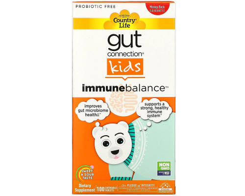Country Life, Gut Connection Kids, средство для укрепления иммунитета, кисло-сладкий вкус, 100 жевательных таблеток Country Life, Gut Connection Kids, средство для укрепления иммунитета, кисло-сладкий вкус, 100 жевательных таблеток