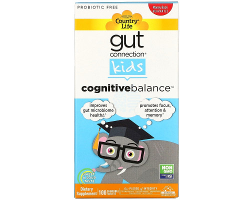 Country Life, Gut Connection Kids, когнитивный баланс, кисло-сладкий вкус, 100 жевательных таблеток Country Life, Gut Connection Kids, когнитивный баланс, кисло-сладкий вкус, 100 жевательных таблеток