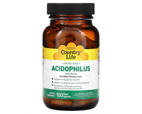 Пребиотики и пробиотики Country Life, Acidophilus с пектином, 100 веганских капсул Пребиотики и пробиотики Country Life, Acidophilus с пектином, 100 веганских капсул