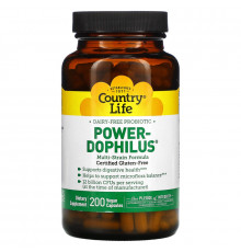 Country Life, Country Life, не содержит глютена, пробиотик Power-Dophilus, 200 веганских капсул