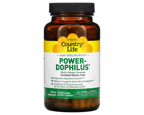 Country Life, Country Life, не содержит глютена, пробиотик Power-Dophilus, 200 веганских капсул Country Life, Country Life, не содержит глютена, пробиотик Power-Dophilus, 200 веганских капсул