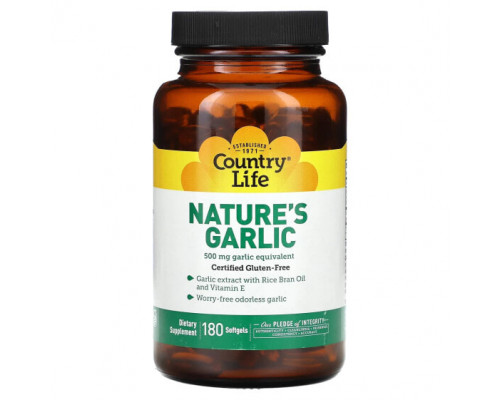 Чеснок Country Life, Nature's Garlic, 500 мг, 180 мягких таблеток