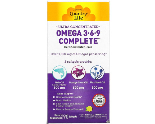 Country Life, Omega 3·6·9, Ultra Concentrated, Lemon, 90 Softgels Country Life, Omega 3·6·9, Ultra Concentrated, Lemon, 90 Softgels
