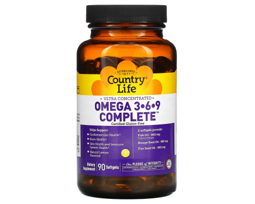 Country Life, Omega 3·6·9, Ultra Concentrated, Lemon, 90 Softgels Country Life, Omega 3·6·9, Ultra Concentrated, Lemon, 90 Softgels