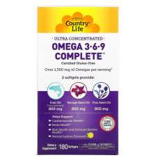 Country Life, Ultra Concentrated Omega 3•6•9 Complete, Lemon Flavor, 180 Softgels