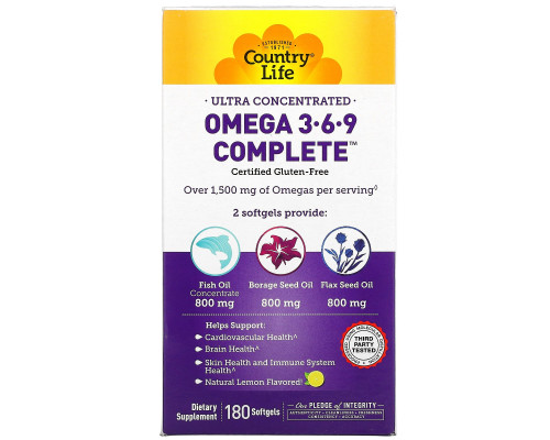 Country Life, Ultra Concentrated Omega 3•6•9 Complete, Lemon Flavor, 180 Softgels Country Life, Ultra Concentrated Omega 3•6•9 Complete, Lemon Flavor, 180 Softgels