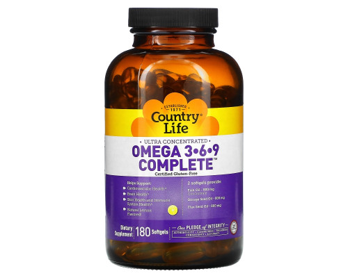 Country Life, Ultra Concentrated Omega 3•6•9 Complete, Lemon Flavor, 180 Softgels Country Life, Ultra Concentrated Omega 3•6•9 Complete, Lemon Flavor, 180 Softgels