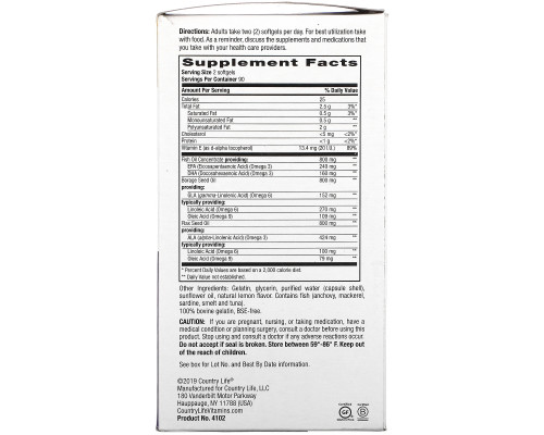 Country Life, Ultra Concentrated Omega 3•6•9 Complete, Lemon Flavor, 180 Softgels Country Life, Ultra Concentrated Omega 3•6•9 Complete, Lemon Flavor, 180 Softgels