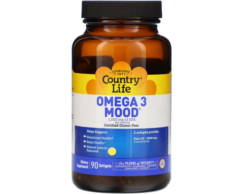 Country Life, Omega 3 Mood, с натуральным вкусом лимона, 90 желатиновых капсул Country Life, Omega 3 Mood, с натуральным вкусом лимона, 90 желатиновых капсул
