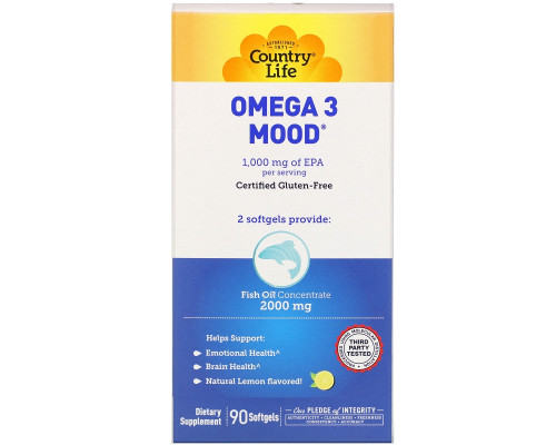 Country Life, Omega 3 Mood, с натуральным вкусом лимона, 90 желатиновых капсул Country Life, Omega 3 Mood, с натуральным вкусом лимона, 90 желатиновых капсул