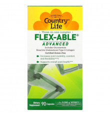 Country Life, Flex-Able Advanced для суставов с глюкозамином и биоактивным коллагеном II типа, 90 капсул