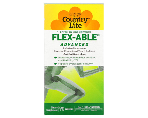 Country Life, Flex-Able Advanced для суставов с глюкозамином и биоактивным коллагеном II типа, 90 капсул Country Life, Flex-Able Advanced для суставов с глюкозамином и биоактивным коллагеном II типа, 90 капсул