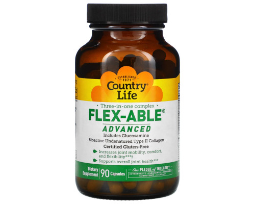 Country Life, Flex-Able Advanced для суставов с глюкозамином и биоактивным коллагеном II типа, 90 капсул Country Life, Flex-Able Advanced для суставов с глюкозамином и биоактивным коллагеном II типа, 90 капсул