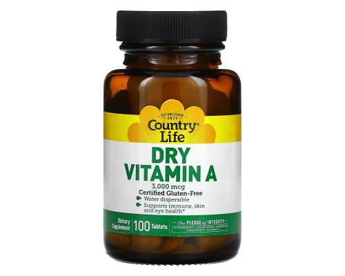 Country Life, Dry Vitamin A, 3,000 mcg, 100 Tablets Country Life, Dry Vitamin A, 3,000 mcg, 100 Tablets