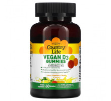 Витамин D Country Life, Vegan D3 Gummies, Lemon, Strawberry & Orange Flavors, 1000 IU, 60 Gummies