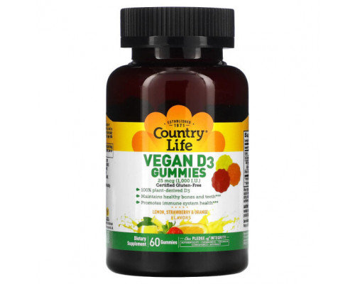 Витамин D Country Life, Vegan D3 Gummies, Lemon, Strawberry & Orange Flavors, 1000 IU, 60 Gummies Витамин D Country Life, Vegan D3 Gummies, Lemon, Strawberry & Orange Flavors, 1000 IU, 60 Gummies