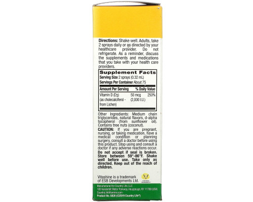 Country Life, Спрей с витамином D3 для веганов, со вкусом ванильных бобов, 2000 МЕ (50 мкг), 150 распылений для ротовой полости, 0,81 ж. унц. (24 мл) Country Life, Спрей с витамином D3 для веганов, со вкусом ванильных бобов, 2000 МЕ (50 мкг), 150 распылений для ротовой полости, 0,81 ж. унц. (24 мл)