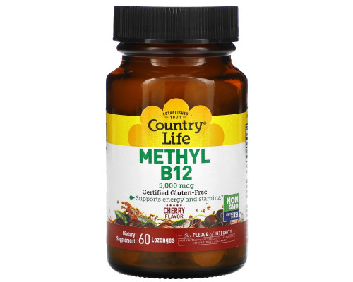 Country Life, Метил B12, со вкусом вишни, 5000 мкг, 60 леденцов Country Life, Метил B12, со вкусом вишни, 5000 мкг, 60 леденцов