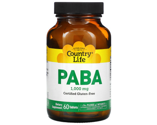 Country Life, PABA, Постепенное высвобождение, 1000 мг, 60 таблеток Country Life, PABA, Постепенное высвобождение, 1000 мг, 60 таблеток