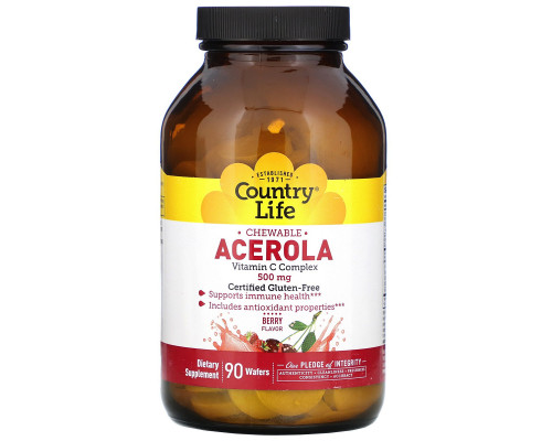 Country Life, Жевательная Ацерола со Вкусом Вишни, 500 мг, 90 жевательных пастилок Country Life, Жевательная Ацерола со Вкусом Вишни, 500 мг, 90 жевательных пастилок