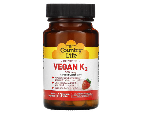 Country Life, Веганский K2, со вкусом клубники, 500 мкг, 60 таблеток для рассасывания Country Life, Веганский K2, со вкусом клубники, 500 мкг, 60 таблеток для рассасывания