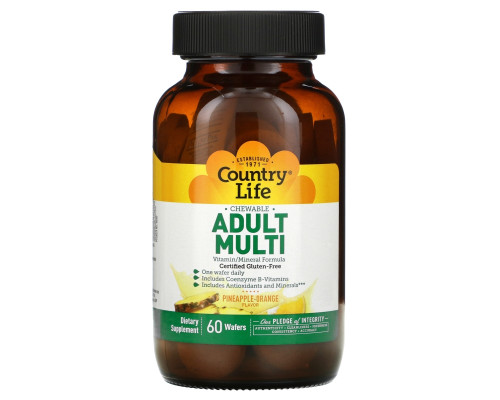 Country Life, Adult Multi, жевательные мультивитамины для взрослых, со вкусом ананаса и апельсина, 60 пастилок Country Life, Adult Multi, жевательные мультивитамины для взрослых, со вкусом ананаса и апельсина, 60 пастилок