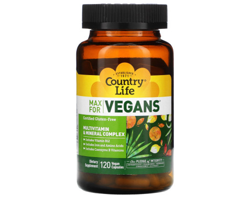 Country Life, Max for Vegans, комплекс мультивитаминов и минералов, 120 веганских капсул Country Life, Max for Vegans, комплекс мультивитаминов и минералов, 120 веганских капсул