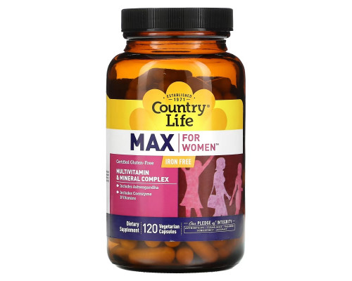 Country Life, Max for Women, Multivitamin & Mineral Complex, Iron Free, 120 Vegetarian Capsules Country Life, Max for Women, Multivitamin & Mineral Complex, Iron Free, 120 Vegetarian Capsules