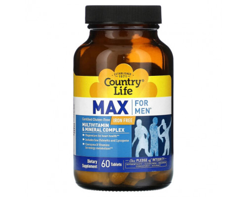Витаминно-минеральные комплексы Country Life, Max for Men, мультивитаминный и минеральный комплекс, без железа, 60 таблеток Витаминно-минеральные комплексы Country Life, Max for Men, мультивитаминный и минеральный комплекс, без железа, 60 таблеток