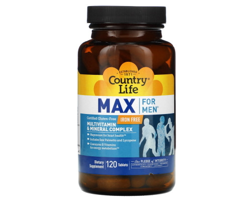 Country Life, Max for Men, мультивитаминный и минеральный комплекс для мужчин, не содержит железа, 120 таблеток Country Life, Max for Men, мультивитаминный и минеральный комплекс для мужчин, не содержит железа, 120 таблеток
