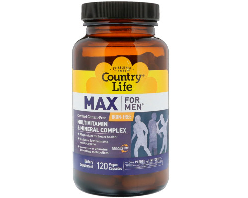 Country Life, Max для мужчин, Мультивитаминная и минеральная добавка без железа, 120 растительных капсул Country Life, Max для мужчин, Мультивитаминная и минеральная добавка без железа, 120 растительных капсул