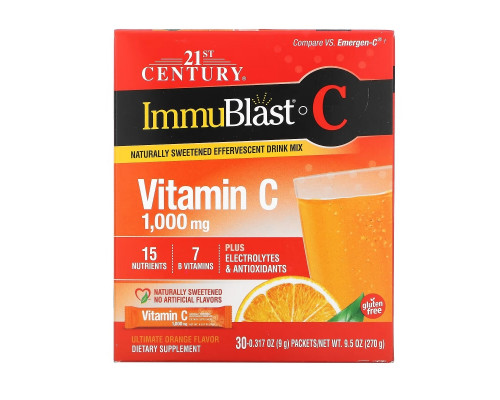 21st Century, ImmuBlast-C, шипучая смесь, превосходный апельсиновый вкус, 1000мг, 30 пакетиков, 0,317 унций (9 г) в каждом 21st Century, ImmuBlast-C, шипучая смесь, превосходный апельсиновый вкус, 1000мг, 30 пакетиков, 0,317 унций (9 г) в каждом