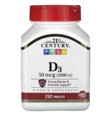 Витамин D 21st Century, D3, 50 мкг (2000 МЕ), 250 таблеток