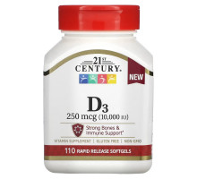 21st Century, Vitamin D3, 250 mcg (10,000 IU), 110 Rapid Release Softgels