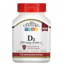21st Century, Vitamin D3, 250 mcg (10,000 IU), 110 Rapid Release Softgels