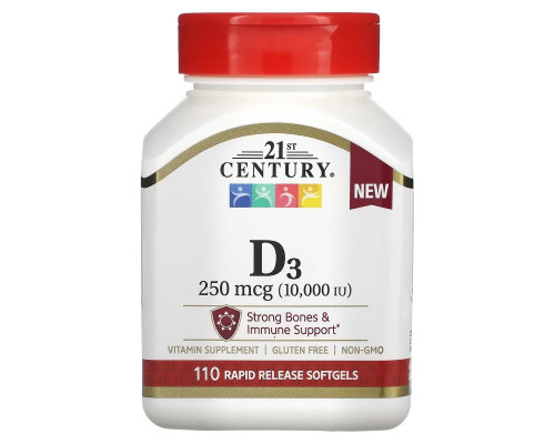 21st Century, Vitamin D3, 250 mcg (10,000 IU), 110 Rapid Release Softgels 21st Century, Vitamin D3, 250 mcg (10,000 IU), 110 Rapid Release Softgels