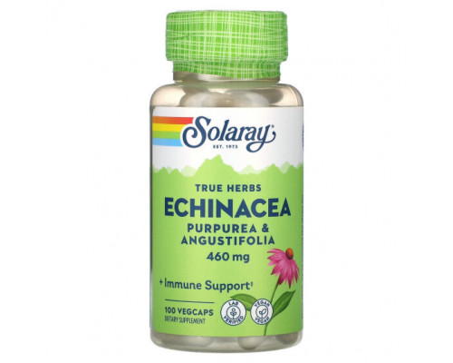 Эхинацея Solaray, True Herbs, эхинацея, пурпурная и узколистная, 460 мг, 100 растительных капсул