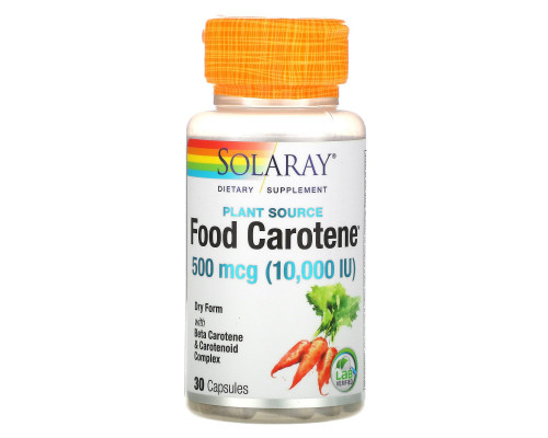 Solaray, Food Carotene, Натуральный источник, 10 000 МЕ, 30 капсул Solaray, Food Carotene, Натуральный источник, 10 000 МЕ, 30 капсул