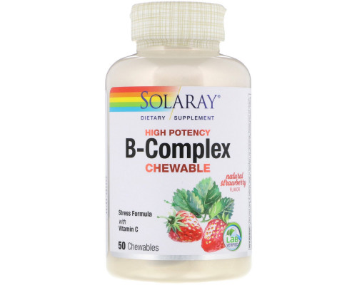 Solaray, High Potency B-Complex Chewable, Natural Strawberry Flavor, 50 Chewables Solaray, High Potency B-Complex Chewable, Natural Strawberry Flavor, 50 Chewables