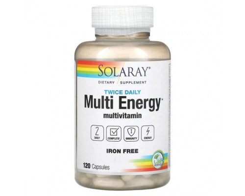 Витаминно-минеральные комплексы Solaray, Twice Daily, мультивитамины для получения энергии на один уровень энергии, без железа, 120 капсул Витаминно-минеральные комплексы Solaray, Twice Daily, мультивитамины для получения энергии на один уровень энергии, без железа, 120 капсул